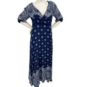 Biubiu Womens Long Maxi Wrap Look Dress Blue White Boho Festival 3/4 Sleeve S/M